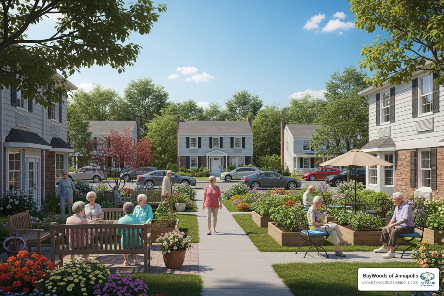 Sunny senior living courtyard with residents seated on benches among flower beds and townhouses in the background trees overhead