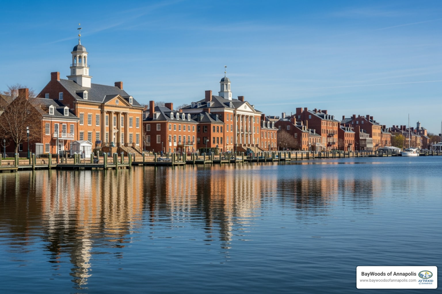 Row of red brick colonial style buildings along a calm harbor with wooden docks reflected in the water under a clear blue sky